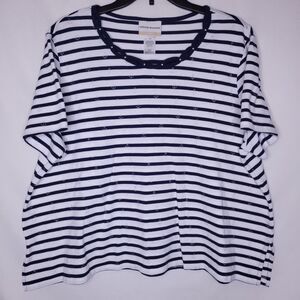 Alfred Dunner Top 1X Striped Navy, White Anchor Print